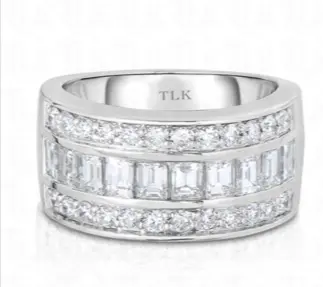 14K White Gold Diamond Wedding Band With Emerald And Round Diamonds 1