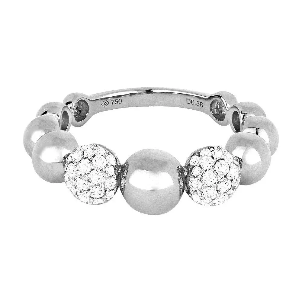 14K White Gold Alternating Pave Diamond And Round Bead Ring 1