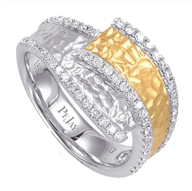 14K White And Yellow Gold Hammered Bypass Ring With Diamonds 1