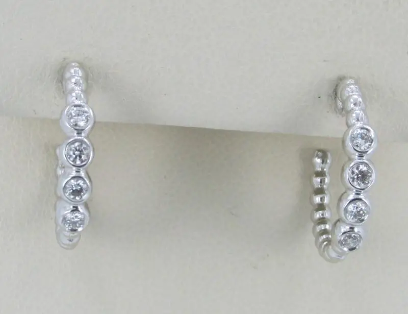 14K White Gold  Bezel Set Diamond Hoop Earrings With Beaded Design 1
