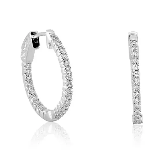 18K White Gold Oval Diamond Hoop Earrings 1
