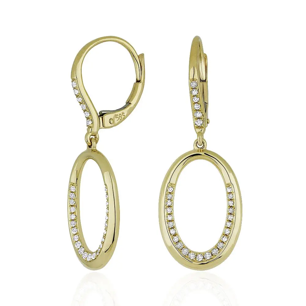 14K Yellow Gold Oval Dangle Diamond Earrings 1