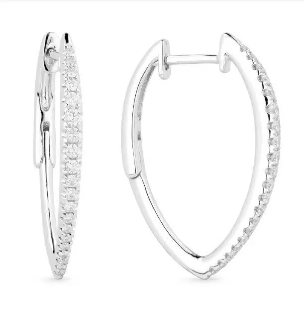 14K White Gold V Shaped Diamond Hoop Earrings 1