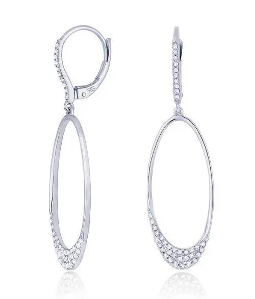 14K White Gold Oval Diamond Dangle Earrings 1