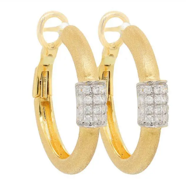 14K Yellow Gold Matte Finish Diamond Hoop Earrings 1