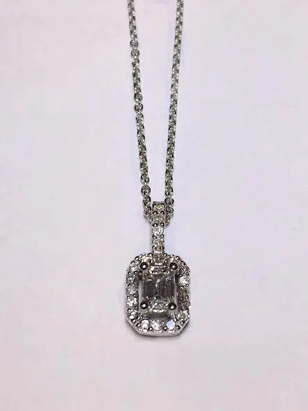 14K White Gold Emerald Cut Diamond In Diamond Halo Pendant 1