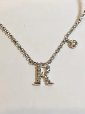 14K White Gold Diamond R Initial Pendant With Side Diammond 1
