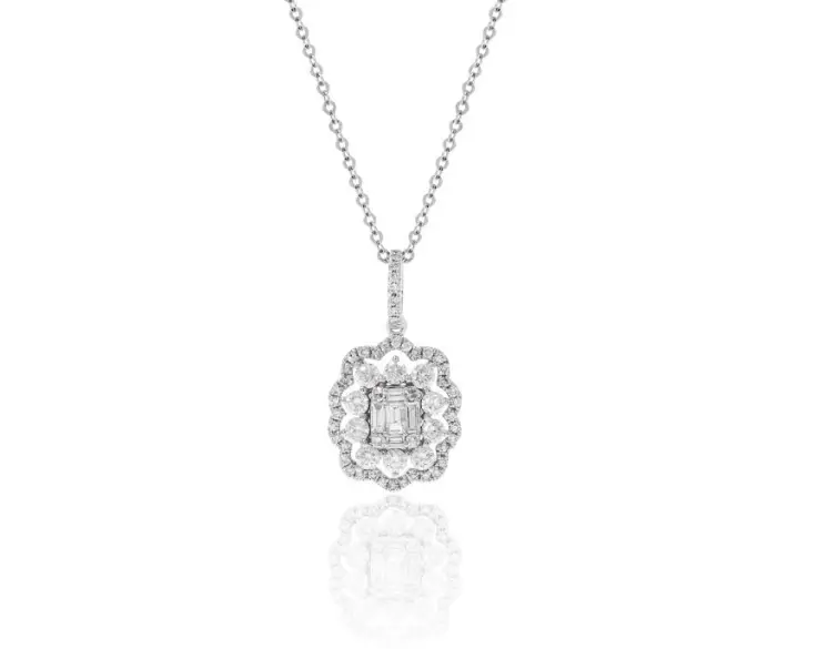 14K White Gold Baguette And Round Diamond Cluster Pendant 1