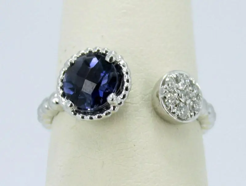 14K White Gold Iolite And Pave Diamond Ring With Beaded Shank 1