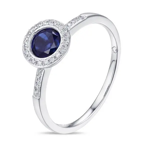 14K White Gold Blue Corundum And Diamond Halo Ring 1