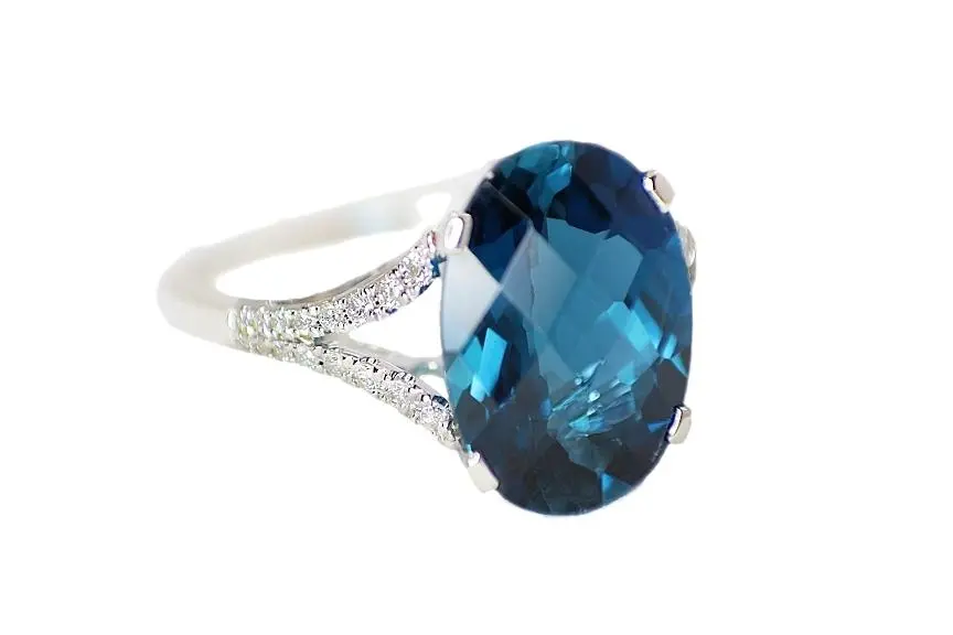 14K White Gold Oval Blue Topaz Diamond Split Shank Ring 1