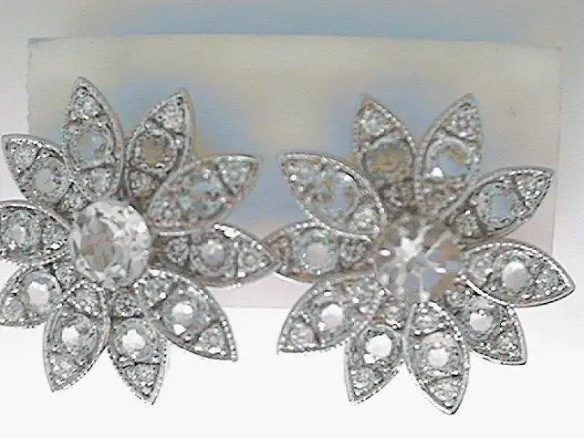 14K White Gold White Sapphire & Diamond Flower Cluster Earrings 1