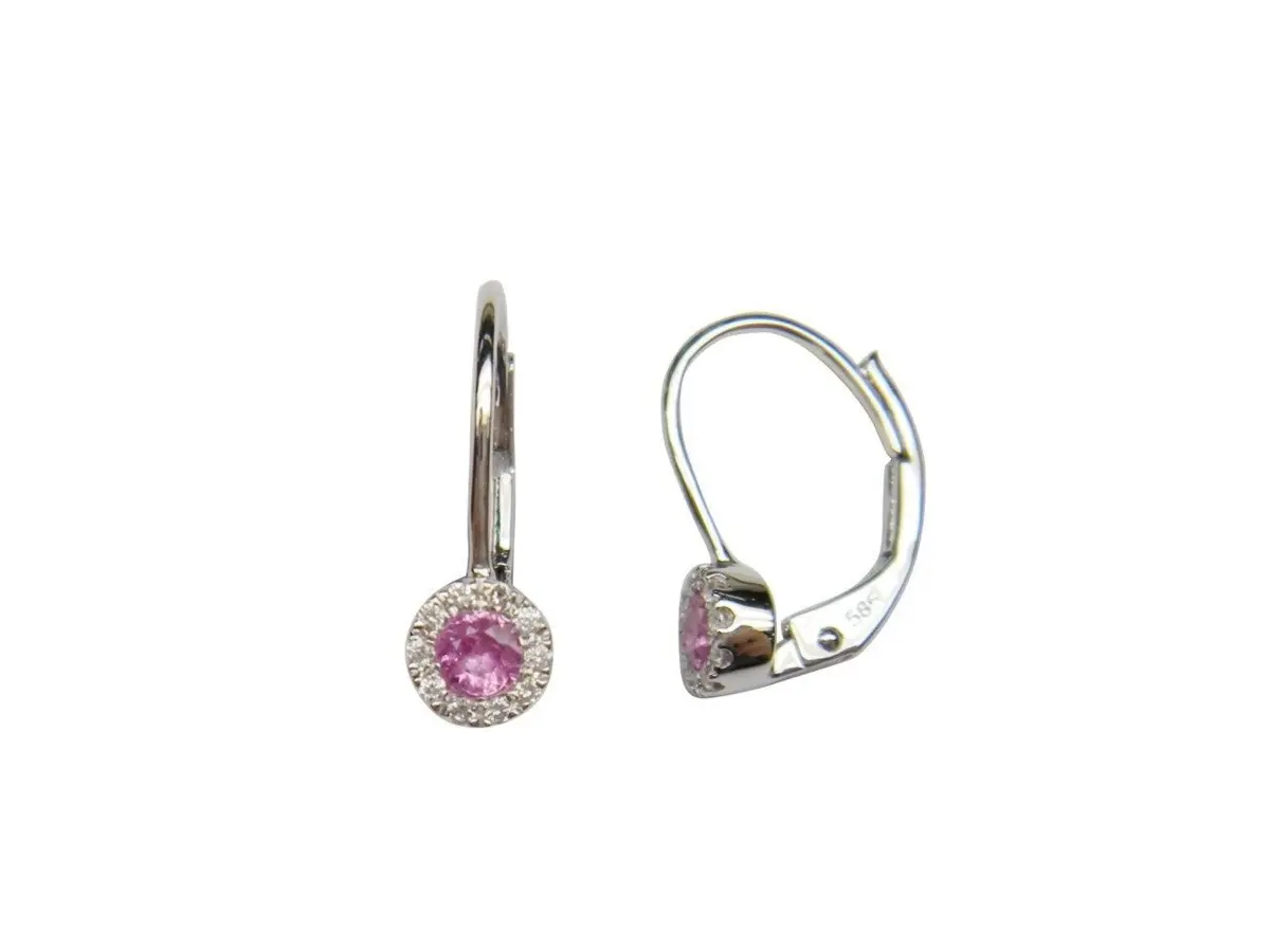 18K White Gold Pink Sapphire And  Diamond Lever Back Earrings 1