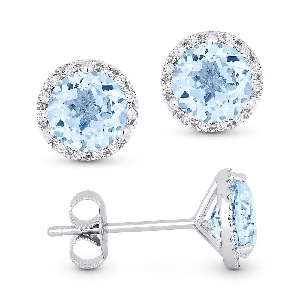 14K White Gold Blue Topaz With Diamond Halo Stud Earrings 1