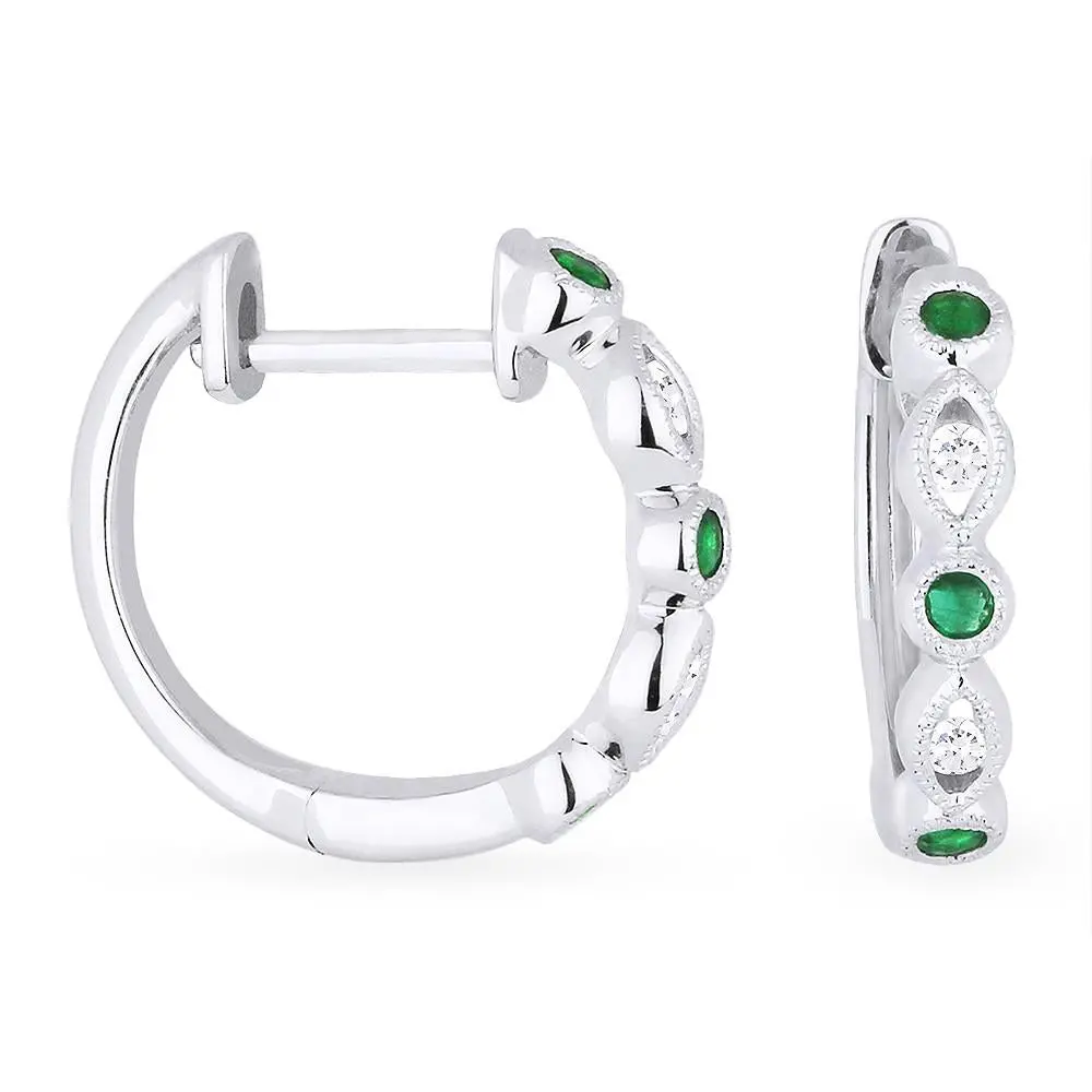 14K White Gold Emerald And Diamond Hoop Earrings 1