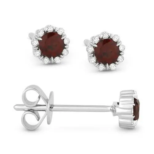 14K White Gold Garnet With Diamond Stud Earrings 1