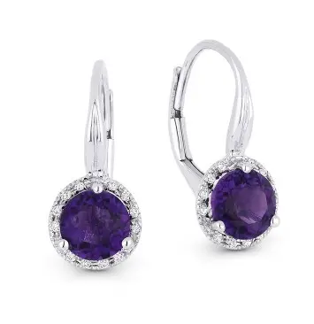 14K White Gold Amethyst And Diamond Halo Lever Back Earrings 1