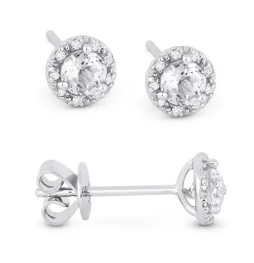 14K White Gold White Topaz In Diamond Halo Earrings 1