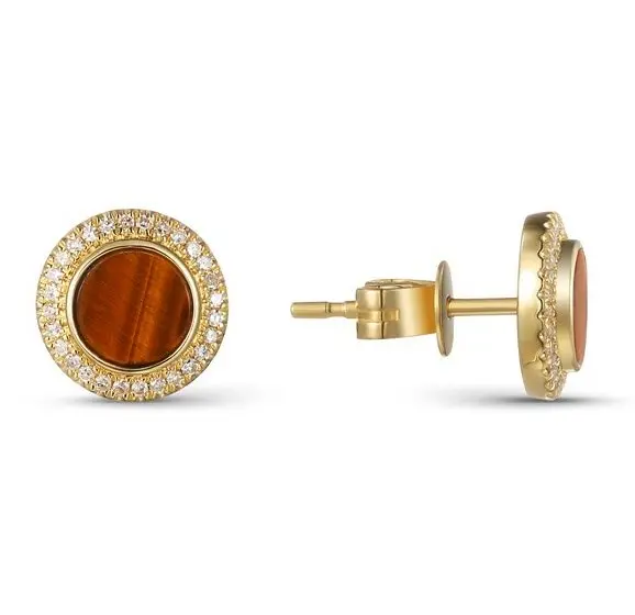14K Yellow Gold Tiger Eye In Diamond Halo Earrings 1