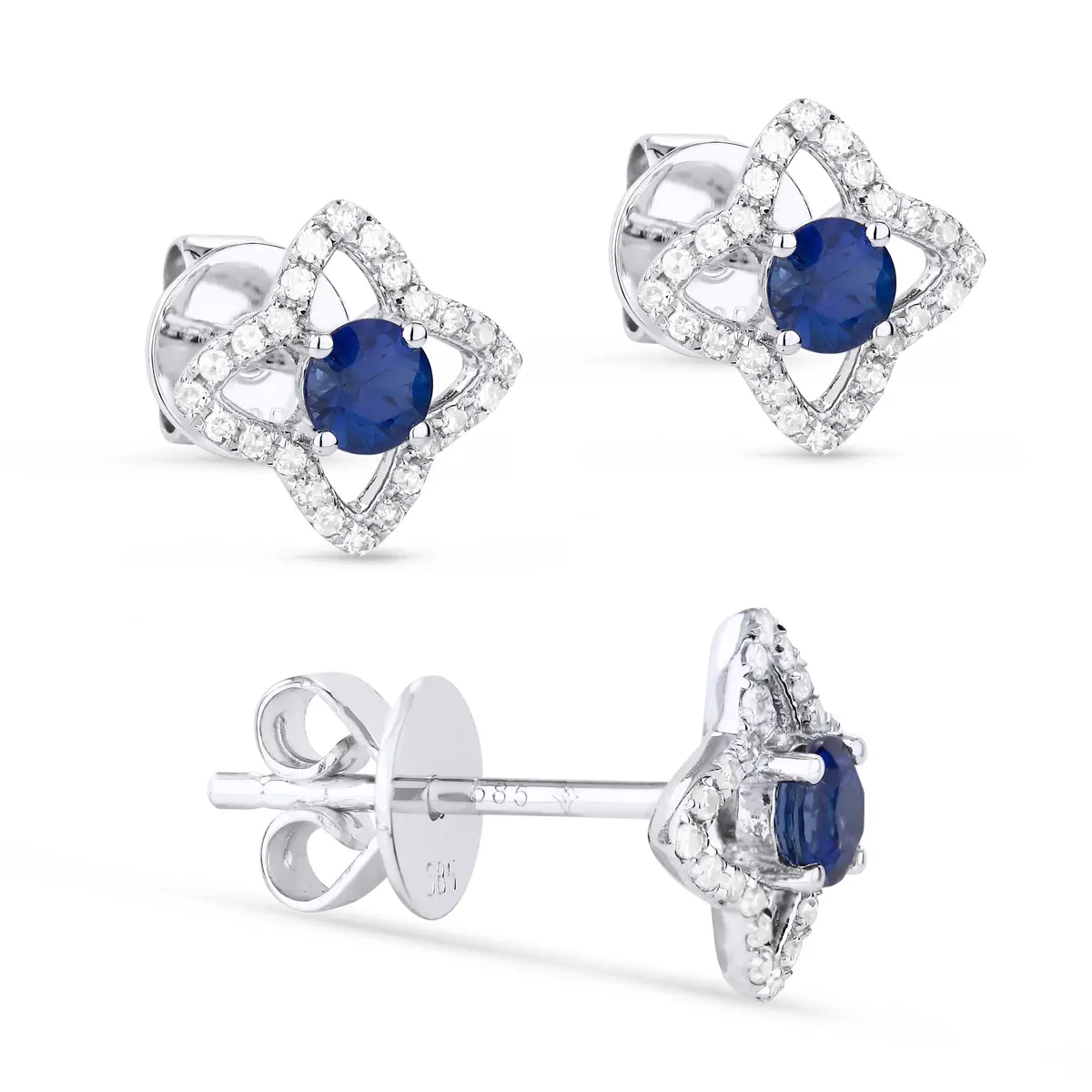 14K White Gold Sapphire And Diamond Clover Earrings 1