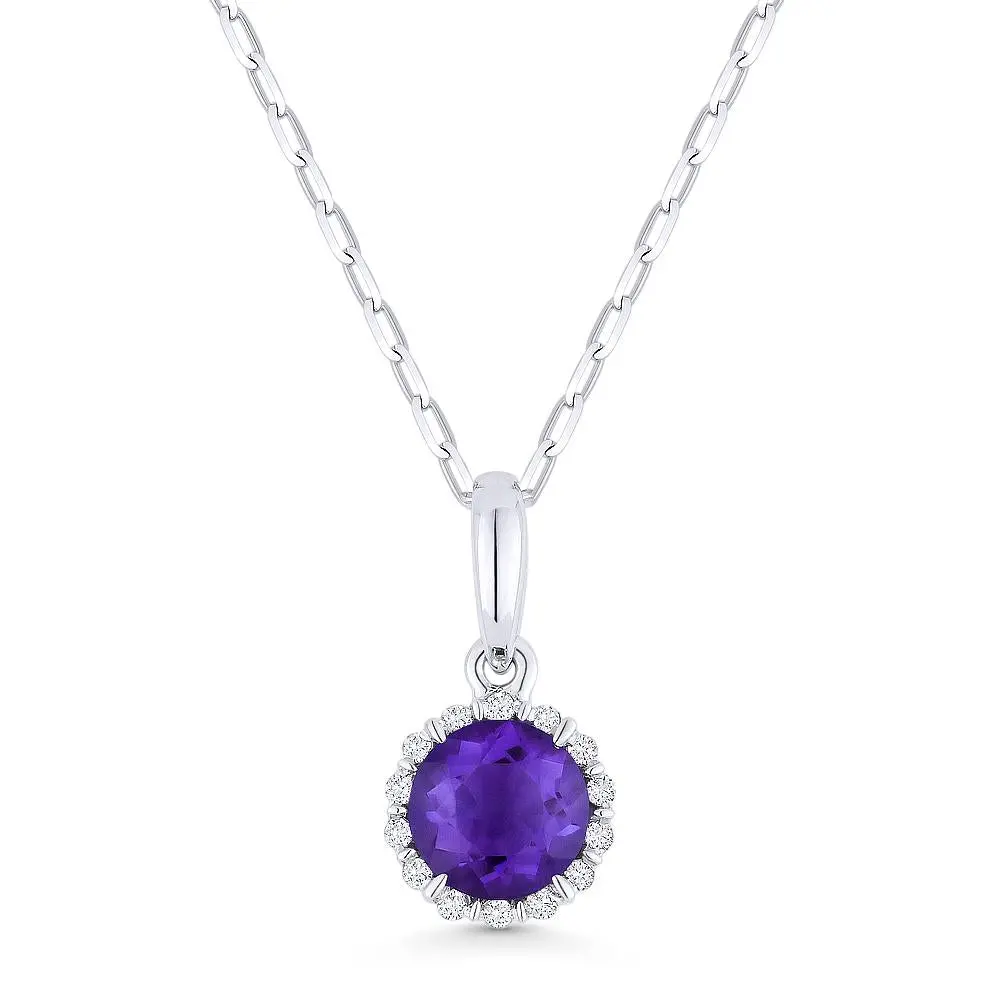 14K White Gold Amethyst And Diamond Halo Pendant 1