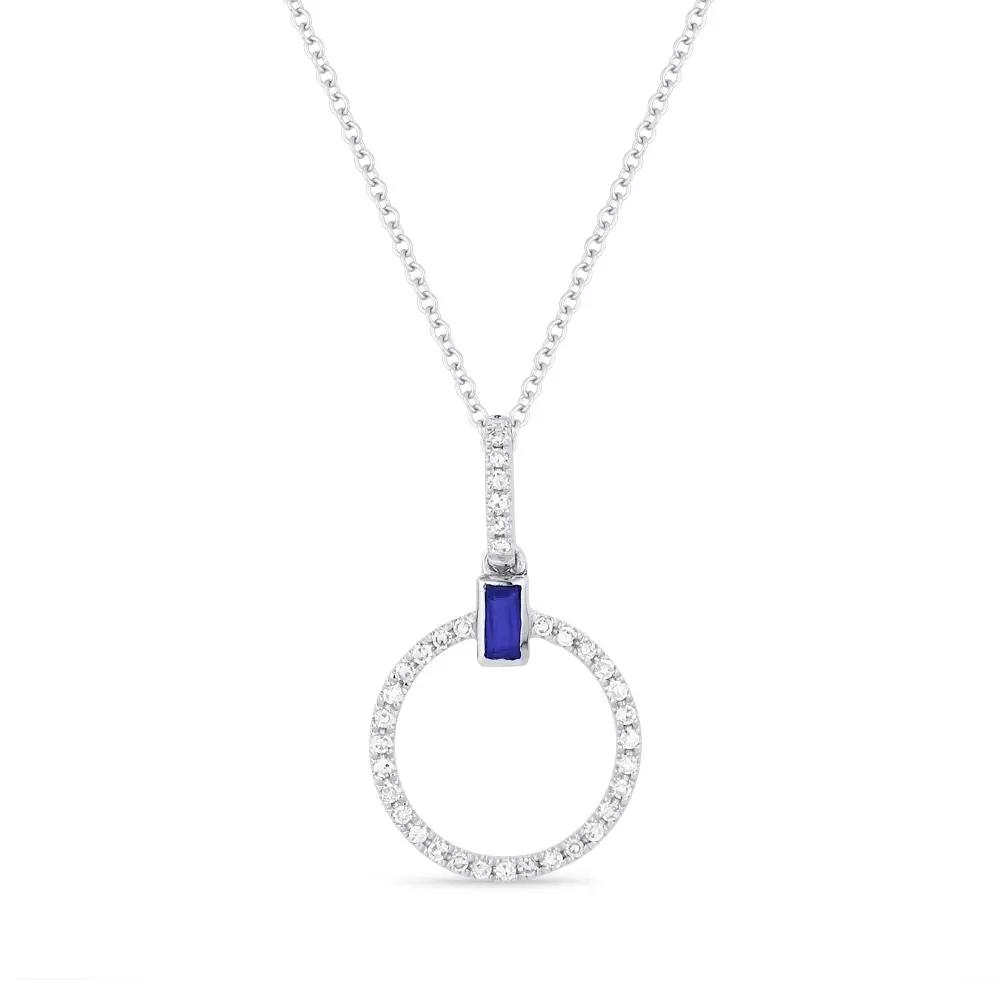 14K White Gold Diamond Circle Pendant With Sapphire Bagguette 1