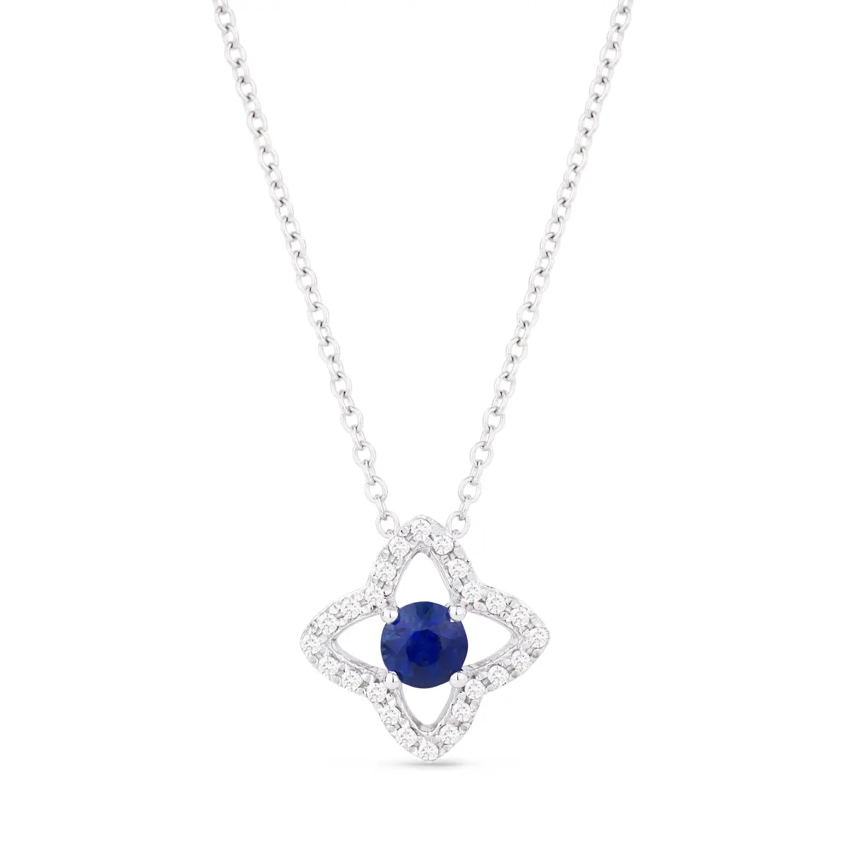 14K White Gold Diamond Clover Pendant With One Sapphire 1