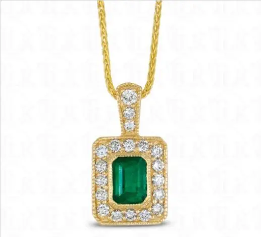 14K Yellow Gold Emerald Cut Emerald In Diamond Frame Pendant 1