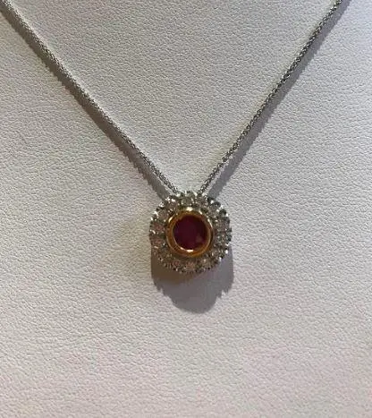 14K White And Yellow Gold Bezel Set Ruby In Diamond Frame Pendant 1