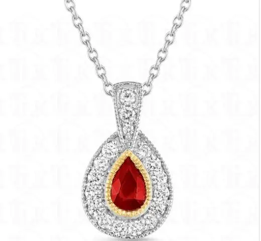 14K White And Yellow Gold Pear Shape Ruby Pendant In Diamond Frame Pendant 1
