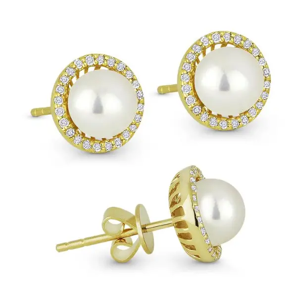 14K Yellow Gold 6Mm Pearl In Diamond Halo Earrings 1