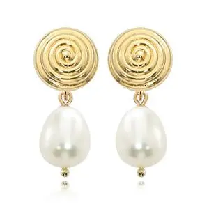 Yellow 14 Karat Swirled Round Stud With Pearls Earrings 1