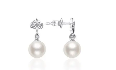 14K White Gold 7Mm Pearl And Diamond Dangle Earrings 1