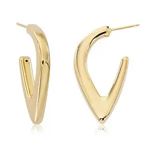 Yellow 14 Karat Medium Puffed V Hoop Earrings 1