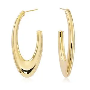 Yellow 14 Karat Large Oval Puff Hoop Earrings 1