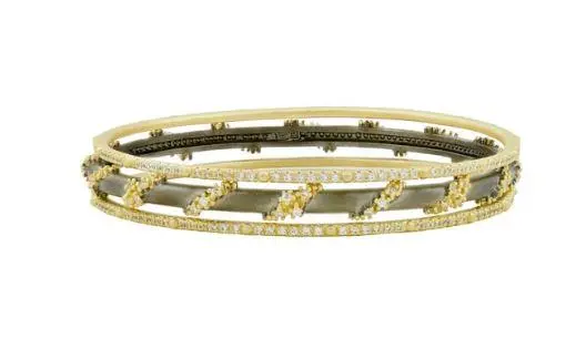 Freida Rothman Sterling Silver Pave Roped 3 Stack Bangles Bracelet 1
