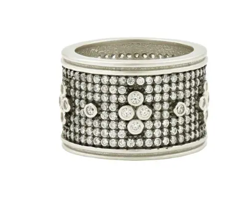 Freida Rothman White & Black Sterling Silver Signature Pave Clover Wide Ring  7 1