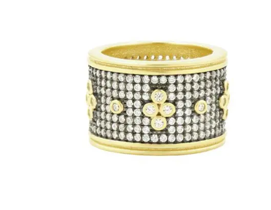 Freida Rothman Yellow/Black Sterling Silver Signature Pave Clover Wide Ring 7 1
