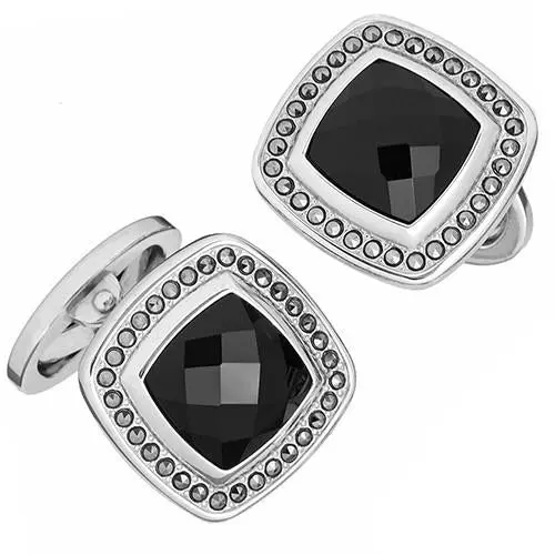 Sterling Silver Faceted Square Onyx Cufflink With Marcasite 1
