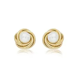 14K Yellow Gold 4Mm Pearl In Knot Earrings 1