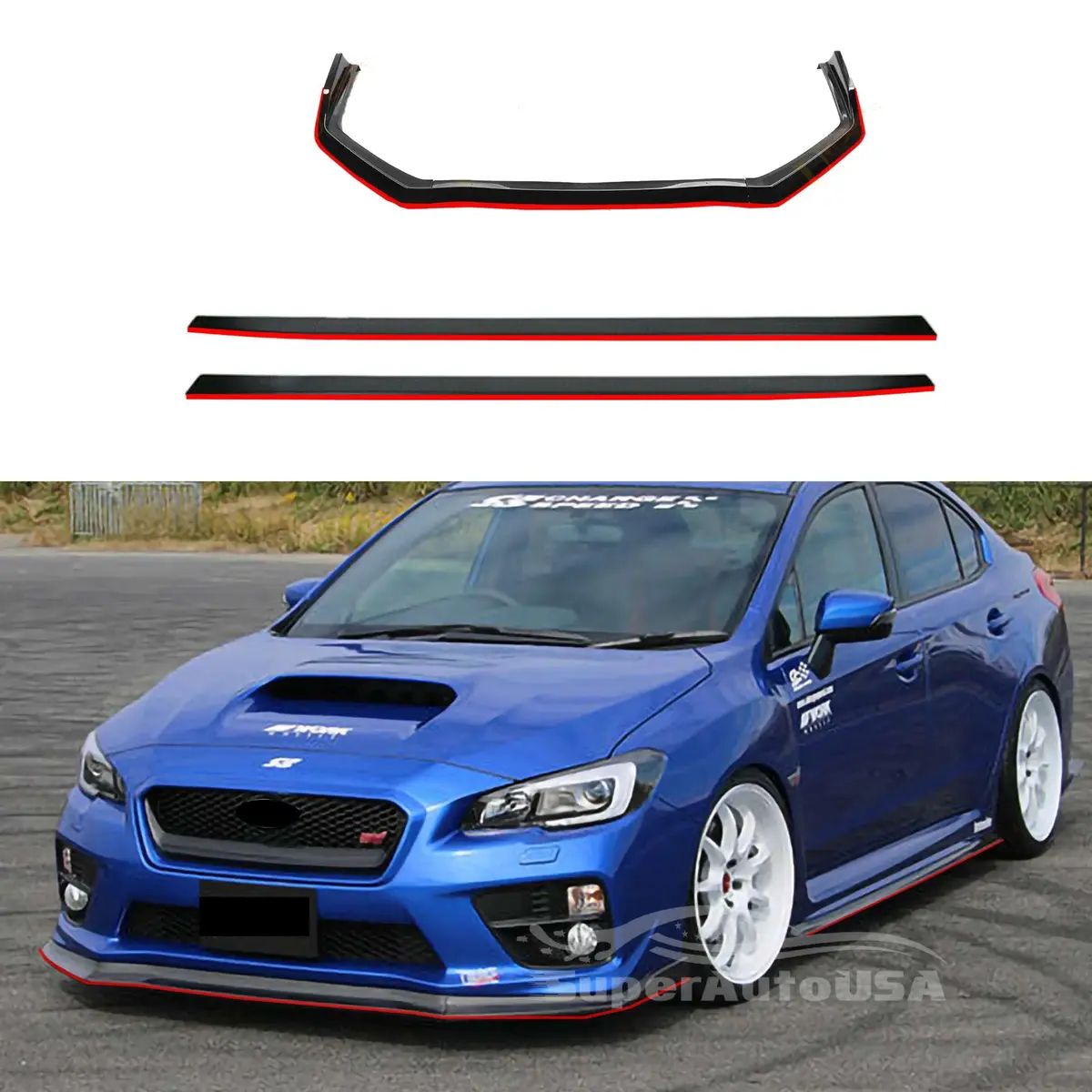 2015-2021 Subaru Impreza Wrx Sti Va - Front Lip + Side Skirts - Gloss Black W/ Red Trim (5Pc) 1