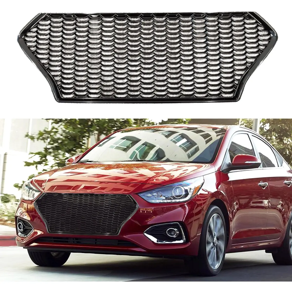 For 2018-2022 Accent Honeycomb Pattern Gloss Black Front Bumper Grille 1