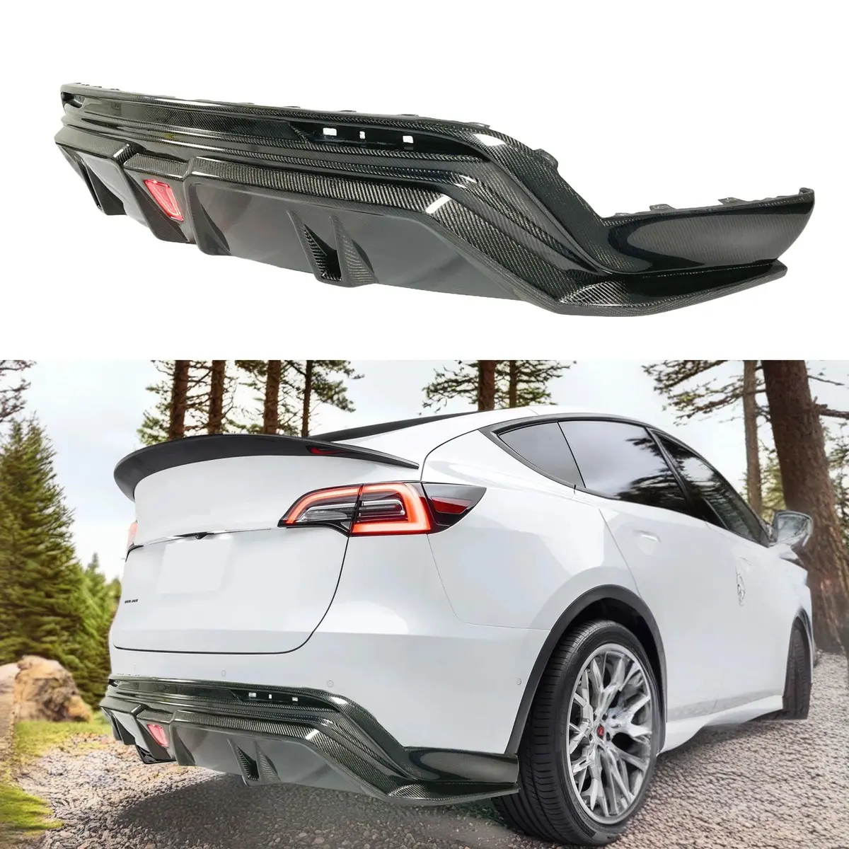(Pre-Order) Fits 2020-2025 Tesla Model Y Real Carbon Fiber Rear Bumper Diffuser W/ Led Light 1
