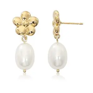 14K Yellow Gold Flower Stud With  Pearl Drop Earrings 1