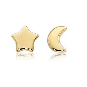14K Yellow Gold  8Mm Flat Star And Moon Earrings 1