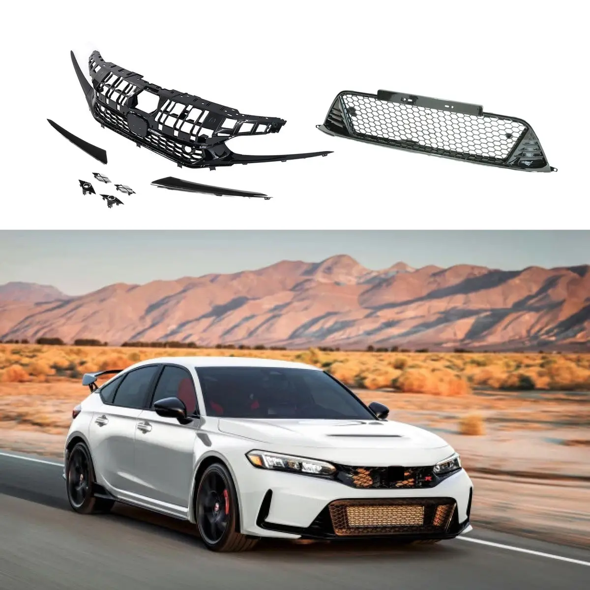For 2022-24 Honda Civic Sedan Honeycomb Pattern Gloss Black Front Bumper Grille 1
