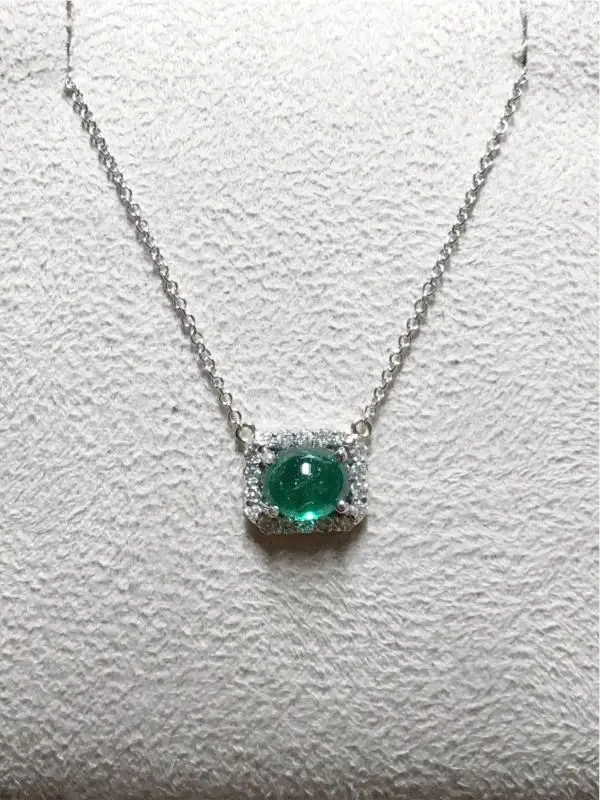 Cabochon Emerald With Diamond Halo Pendant 1