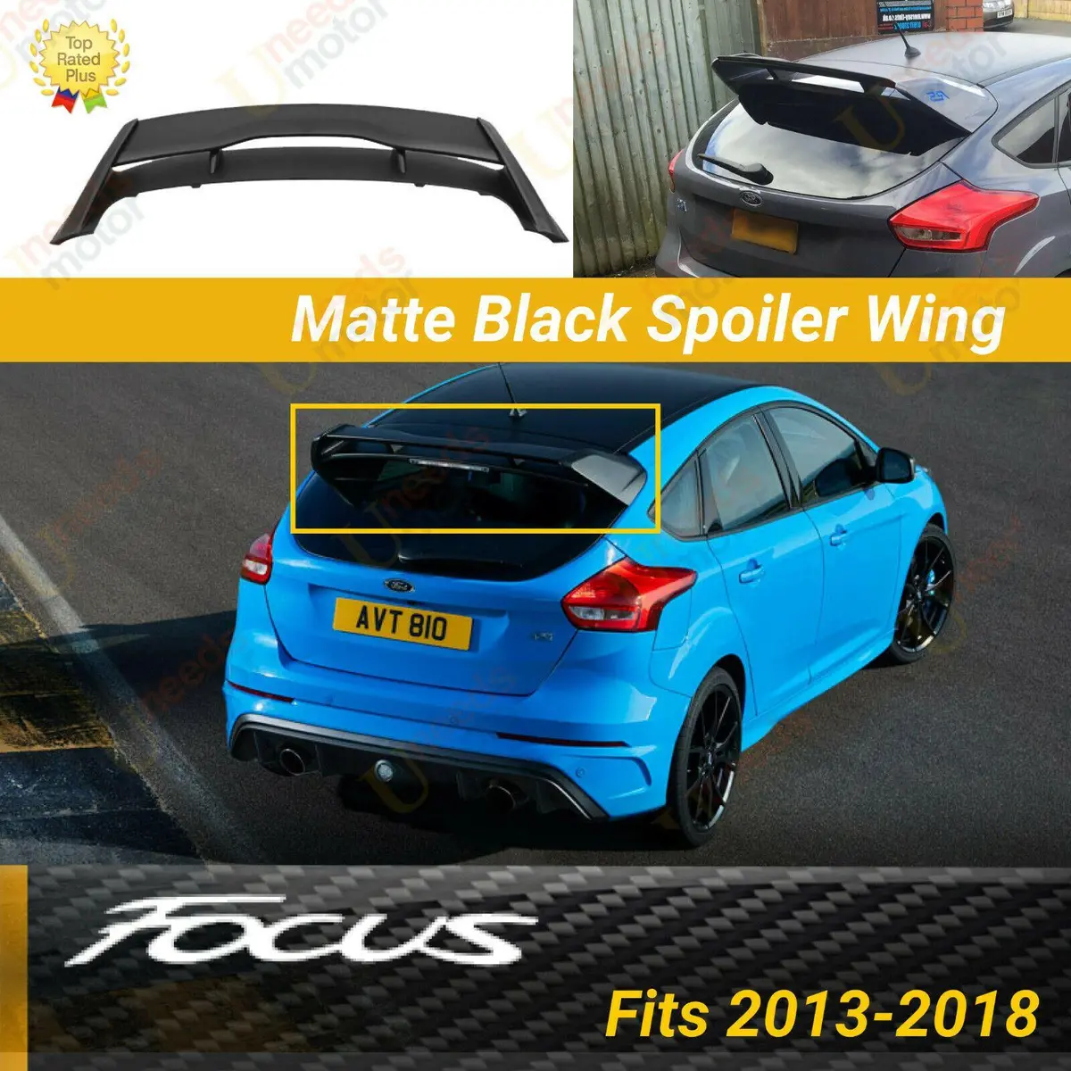 Fit 2012-2018 Ford Focus Hatchback Rs Style Rear Roof Wing Spoiler (Unpainted / Matte Black) 1