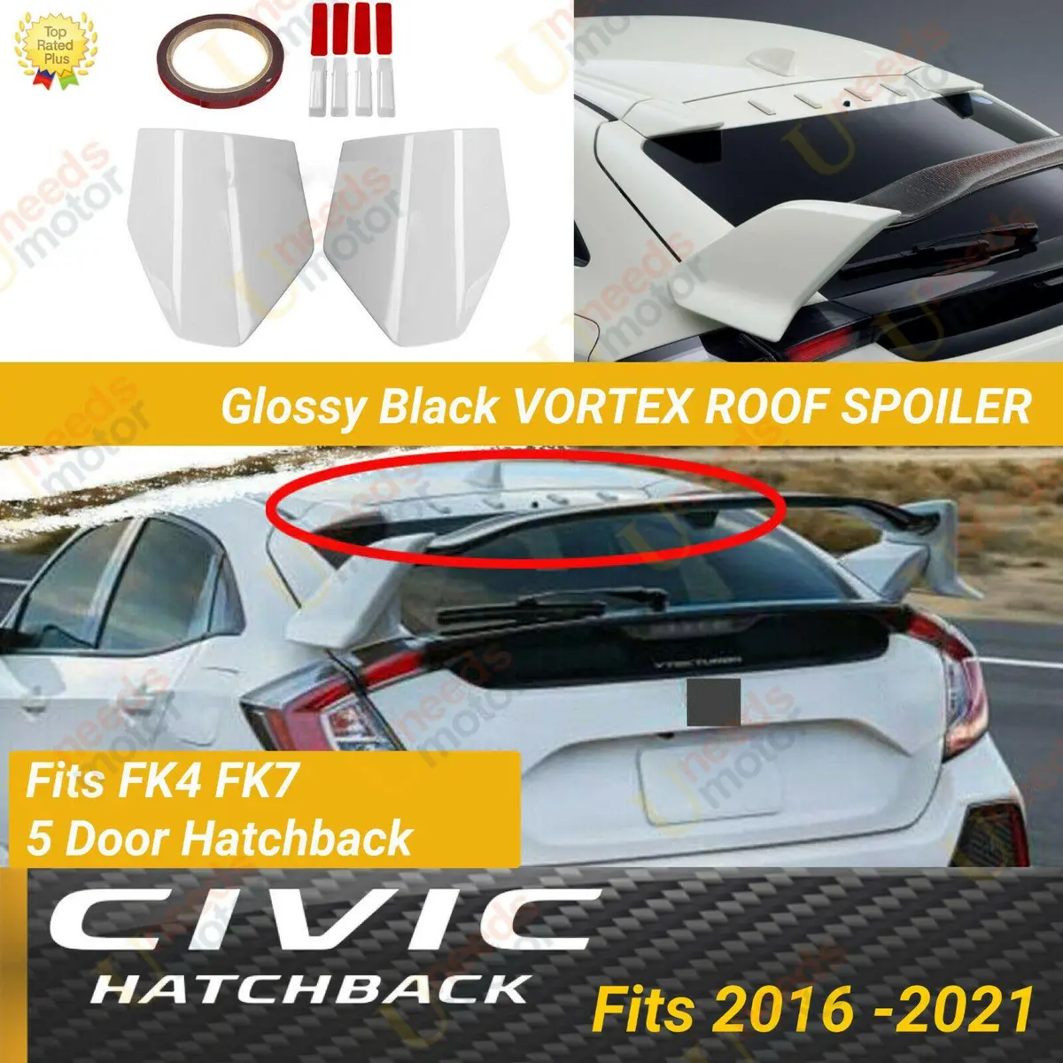 Fit 2016-2021 Honda Civic Fk4 Fk7 5Dr Hatchback Type R Vortex Window Roof Spoiler (White) 1