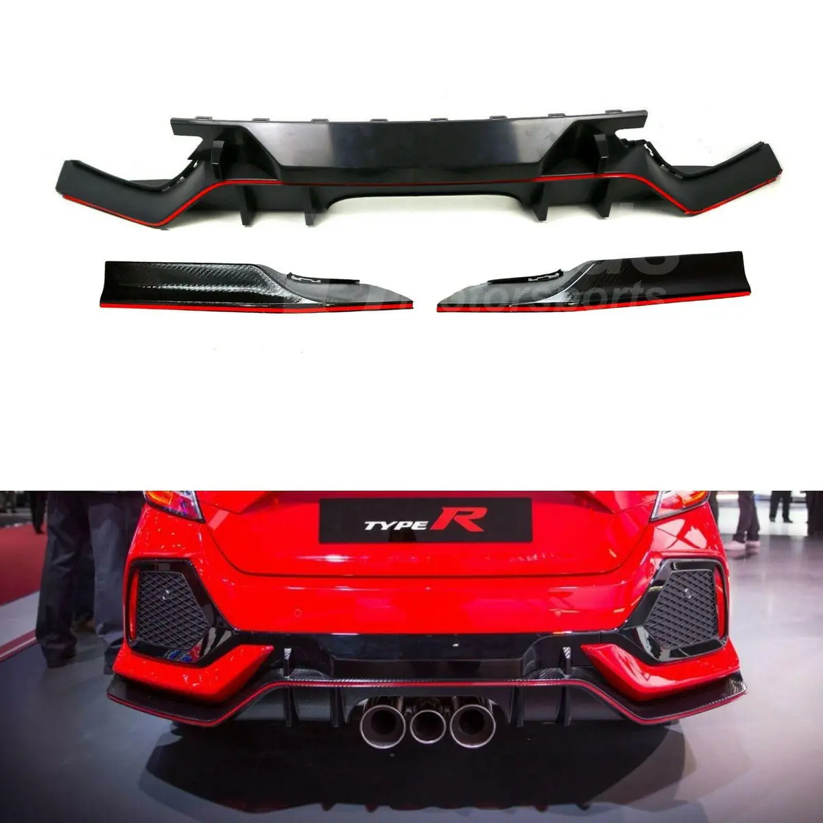 Fits 2017-2021 Honda Civic Hatchback Type R Style Rear Bumper Lip Spoiler Diffuser (Glossy Carbon Fiber Print Red) 1